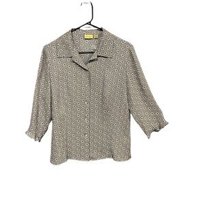 Caslon patterned silk blouse women M blue tan 3/4 sleeve floral NWT career